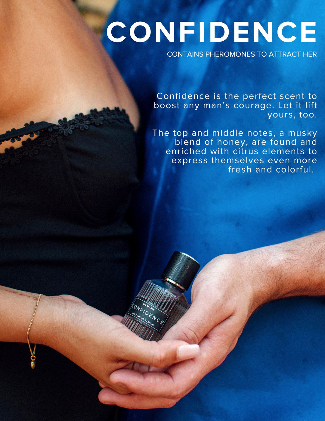 Embracing Couple holding a bottle of Confidence pheromone parfum